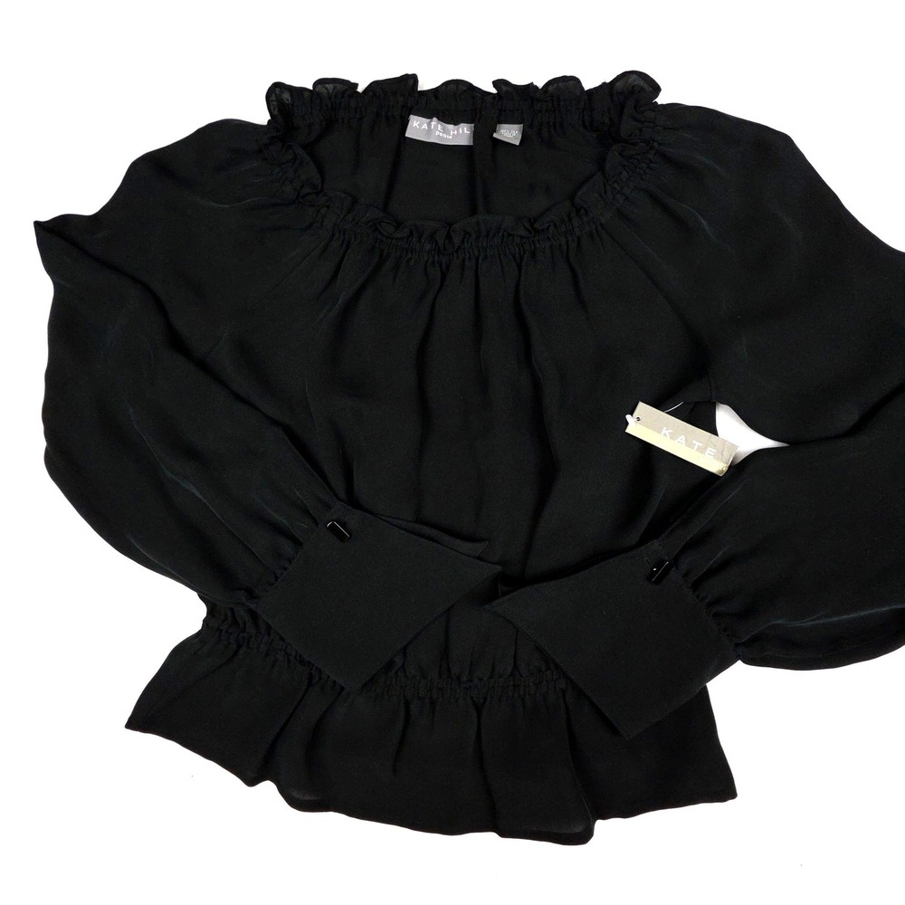 Kate Hill 100% Silk All That Glitters Blouse Women 6P Black Ruffle neckline